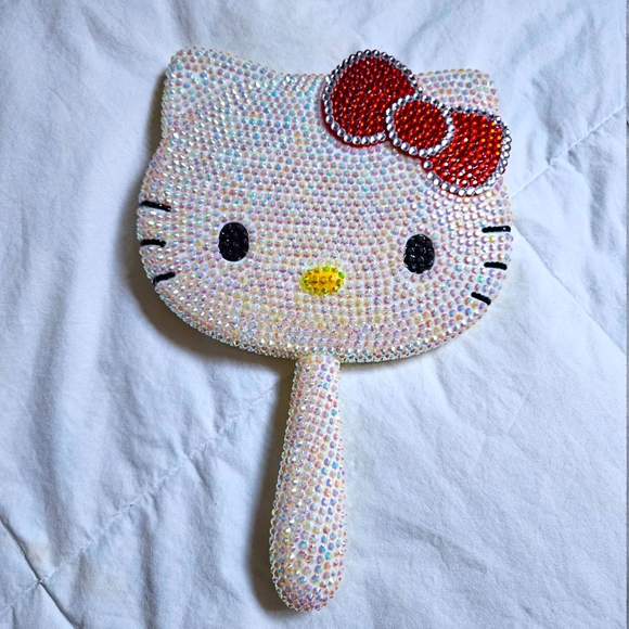 Hello Kitty Other - Hello Kitty Rhinestone Hand Mirror Classic With Red Bow Bewjeled Beauty Mirror